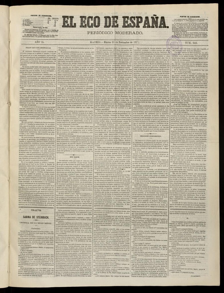 Miniatura de El Eco de España del 21 de noviembre de 1871