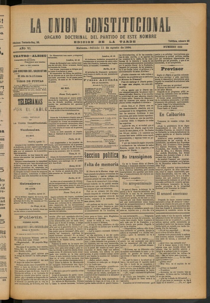 Miniatura de La Unión Constitucional: Órgano oficial del partido de este nombre del 11 de agosto de 1894