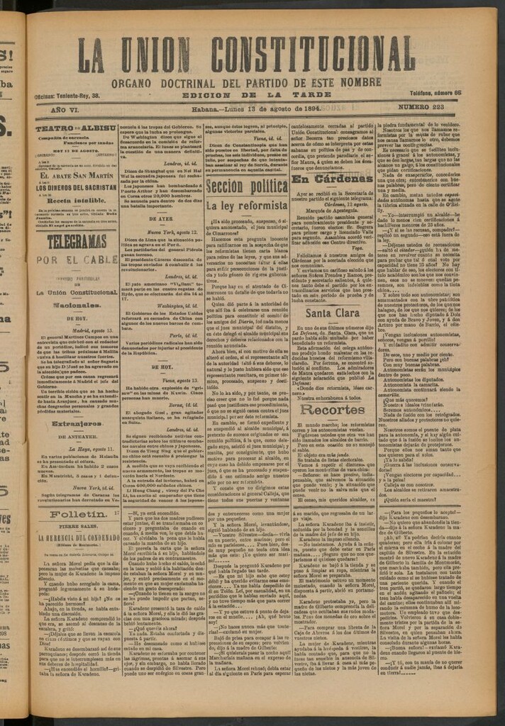Miniatura de La Unión Constitucional: Órgano oficial del partido de este nombre del 13 de agosto de 1894