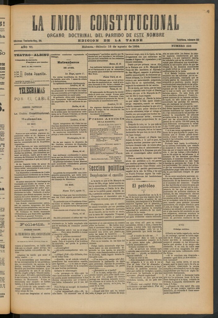 Miniatura de La Unión Constitucional: Órgano oficial del partido de este nombre del 18 de agosto de 1894