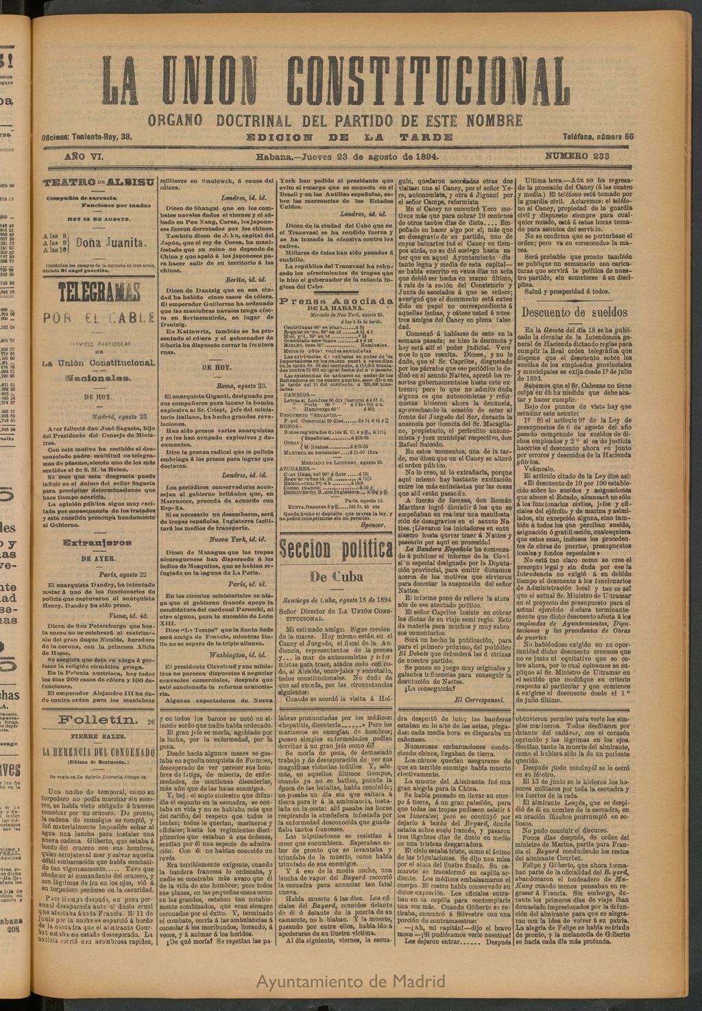 Miniatura de La Unión Constitucional: Órgano oficial del partido de este nombre del 23 de agosto de 1894