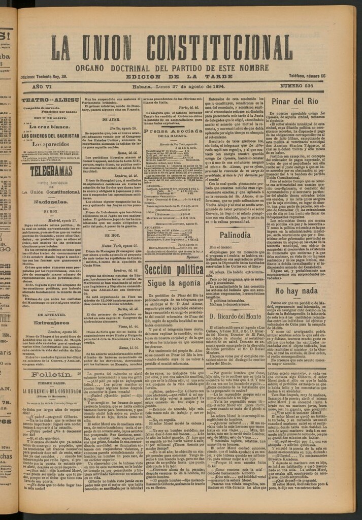 Miniatura de La Unión Constitucional: Órgano oficial del partido de este nombre del 27 de agosto de 1894