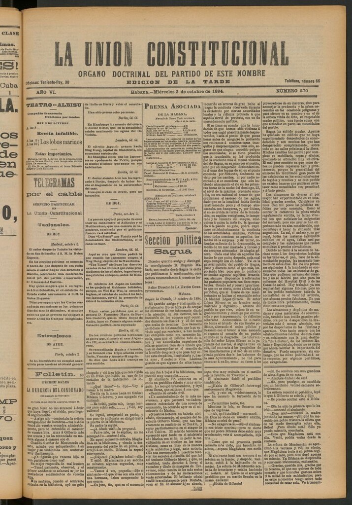 Miniatura de La Unión Constitucional: Órgano oficial del partido de este nombre del 3 de octubre de 1894