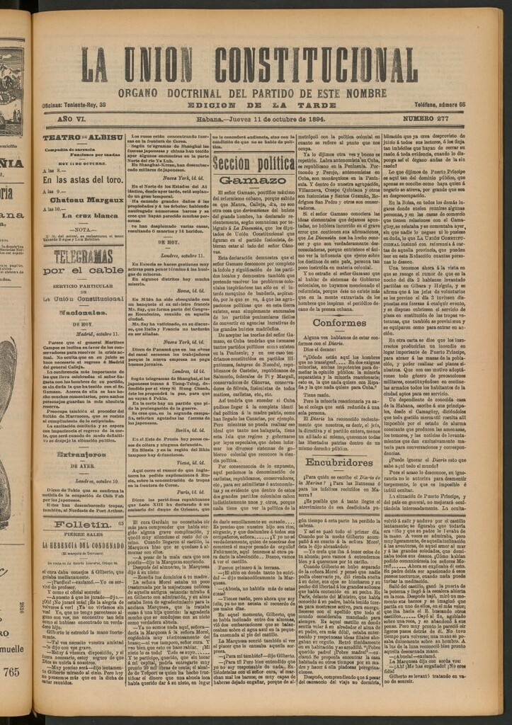 Miniatura de La Unión Constitucional: Órgano oficial del partido de este nombre del 11 de octubre de 1894