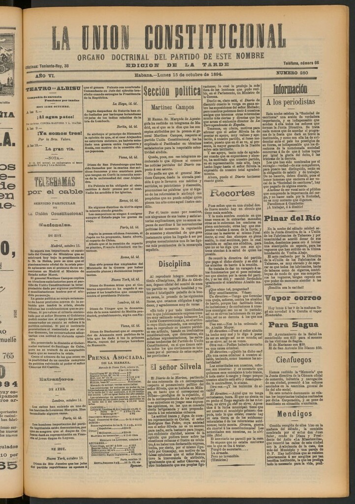 Miniatura de La Unión Constitucional: Órgano oficial del partido de este nombre del 15 de octubre de 1894