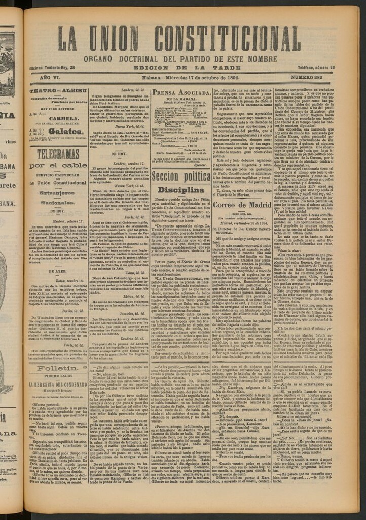 Miniatura de La Unión Constitucional: Órgano oficial del partido de este nombre del 17 de octubre de 1894