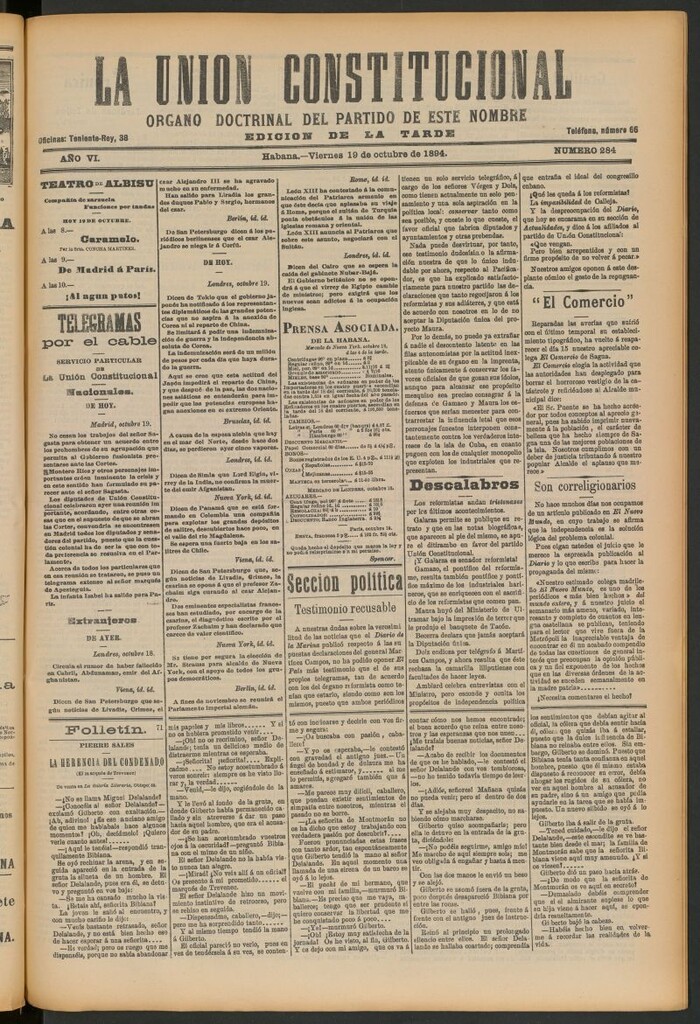 Miniatura de La Unión Constitucional: Órgano oficial del partido de este nombre del 19 de octubre de 1894