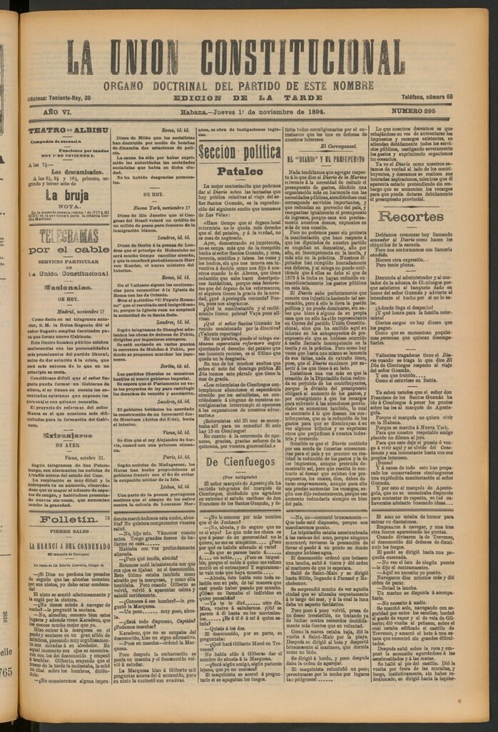 Miniatura de La Unión Constitucional: Órgano oficial del partido de este nombre del 1 de noviembre de 1894