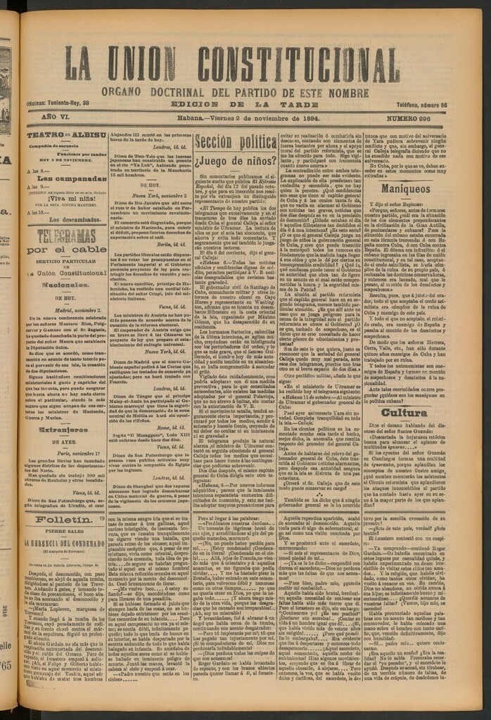Miniatura de La Unión Constitucional: Órgano oficial del partido de este nombre del 2 de noviembre de 1894