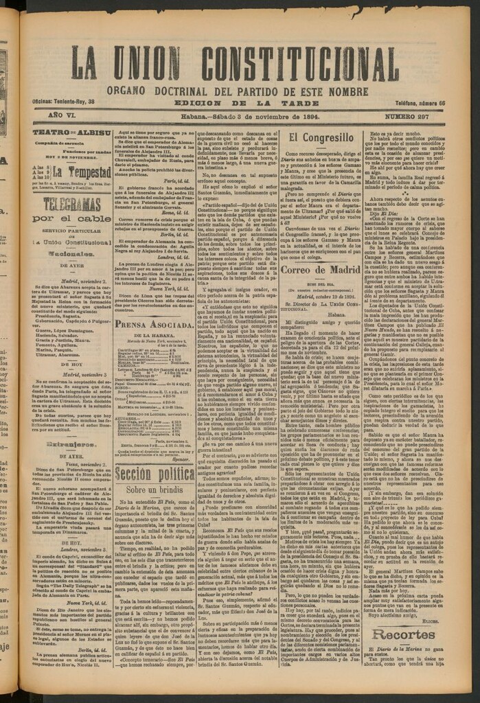 Miniatura de La Unión Constitucional: Órgano oficial del partido de este nombre del 3 de noviembre de 1894