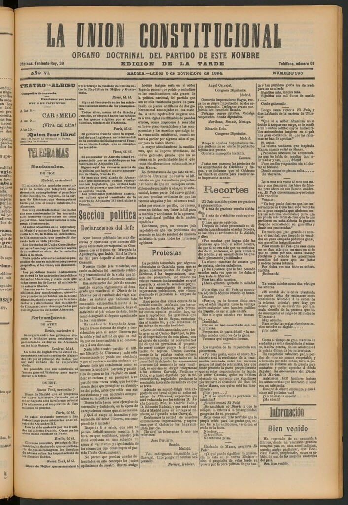 Miniatura de La Unión Constitucional: Órgano oficial del partido de este nombre del 5 de noviembre de 1894