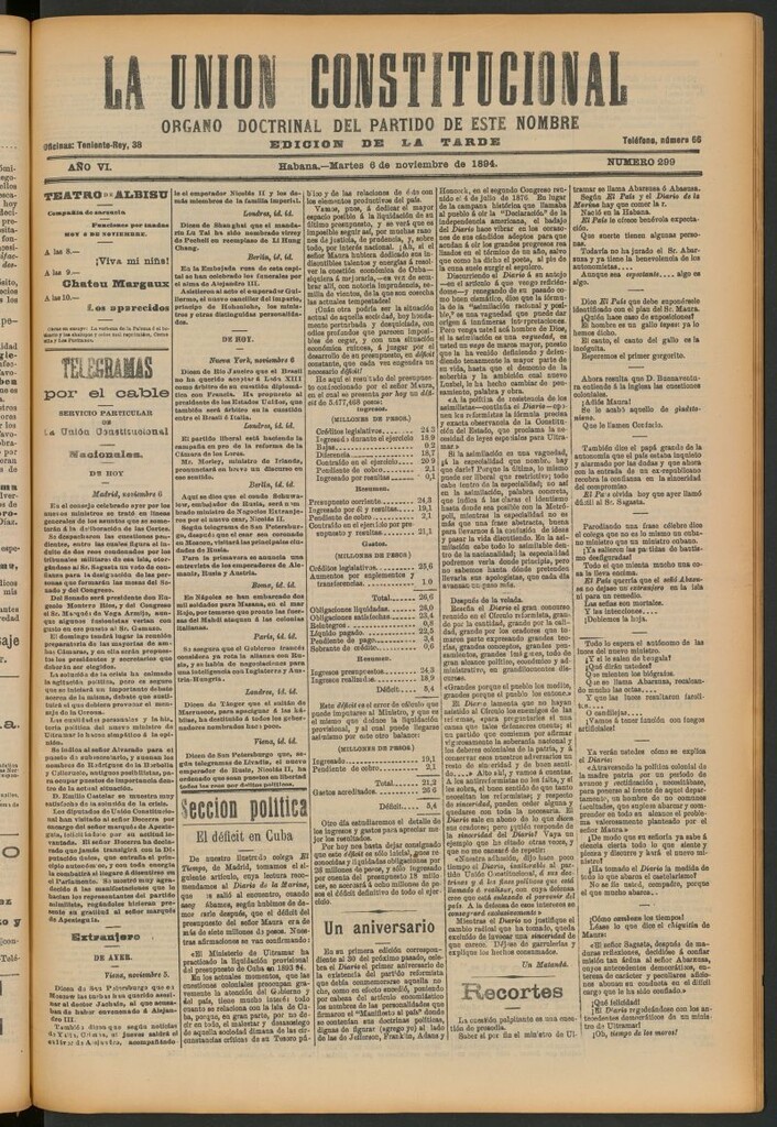 Miniatura de La Unión Constitucional: Órgano oficial del partido de este nombre del 6 de noviembre de 1894
