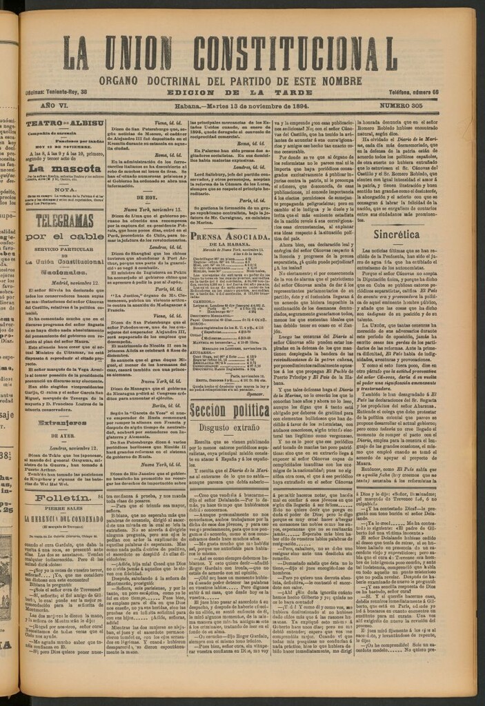 Miniatura de La Unión Constitucional: Órgano oficial del partido de este nombre del 13 de noviembre de 1894