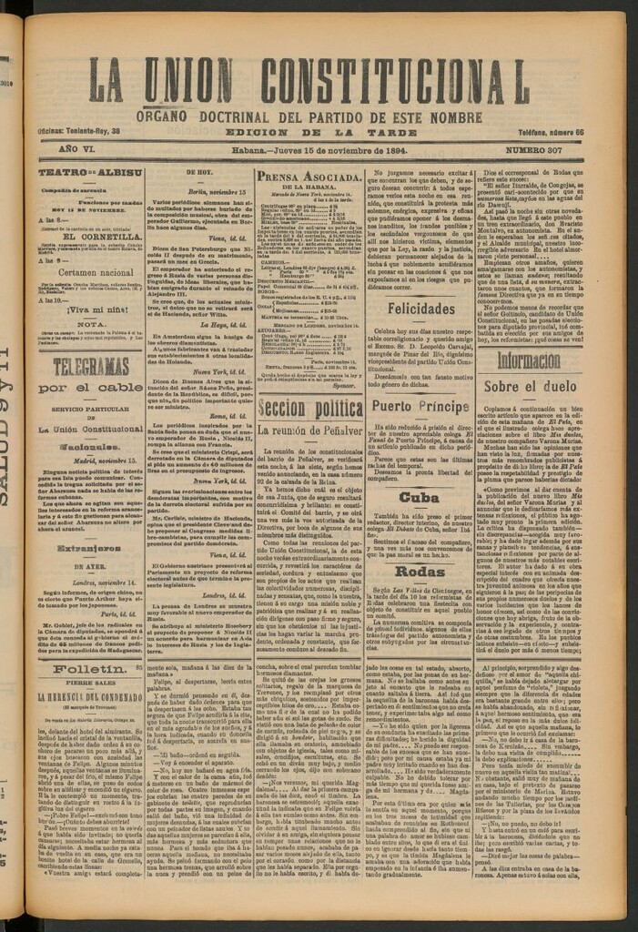 Miniatura de La Unión Constitucional: Órgano oficial del partido de este nombre del 15 de noviembre de 1894