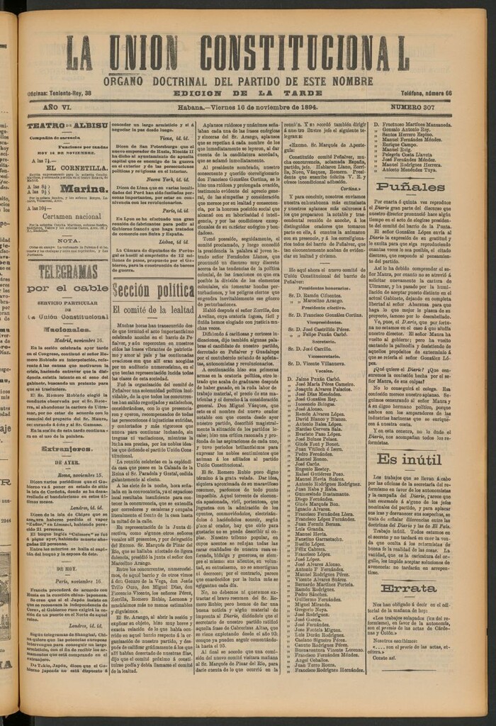 Miniatura de La Unión Constitucional: Órgano oficial del partido de este nombre del 16 de noviembre de 1894