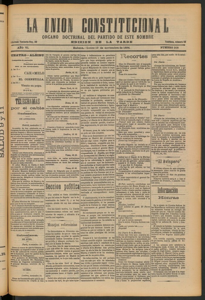 Miniatura de La Unión Constitucional: Órgano oficial del partido de este nombre del 19 de noviembre de 1894