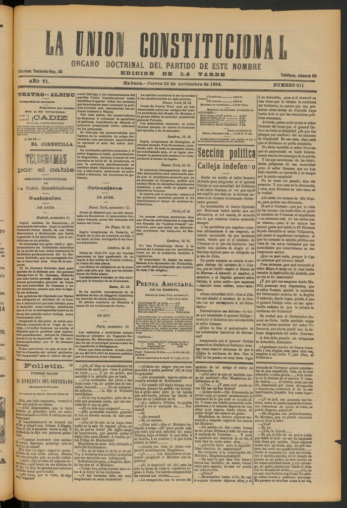 Miniatura de La Unión Constitucional: Órgano oficial del partido de este nombre del 22 de noviembre de 1894