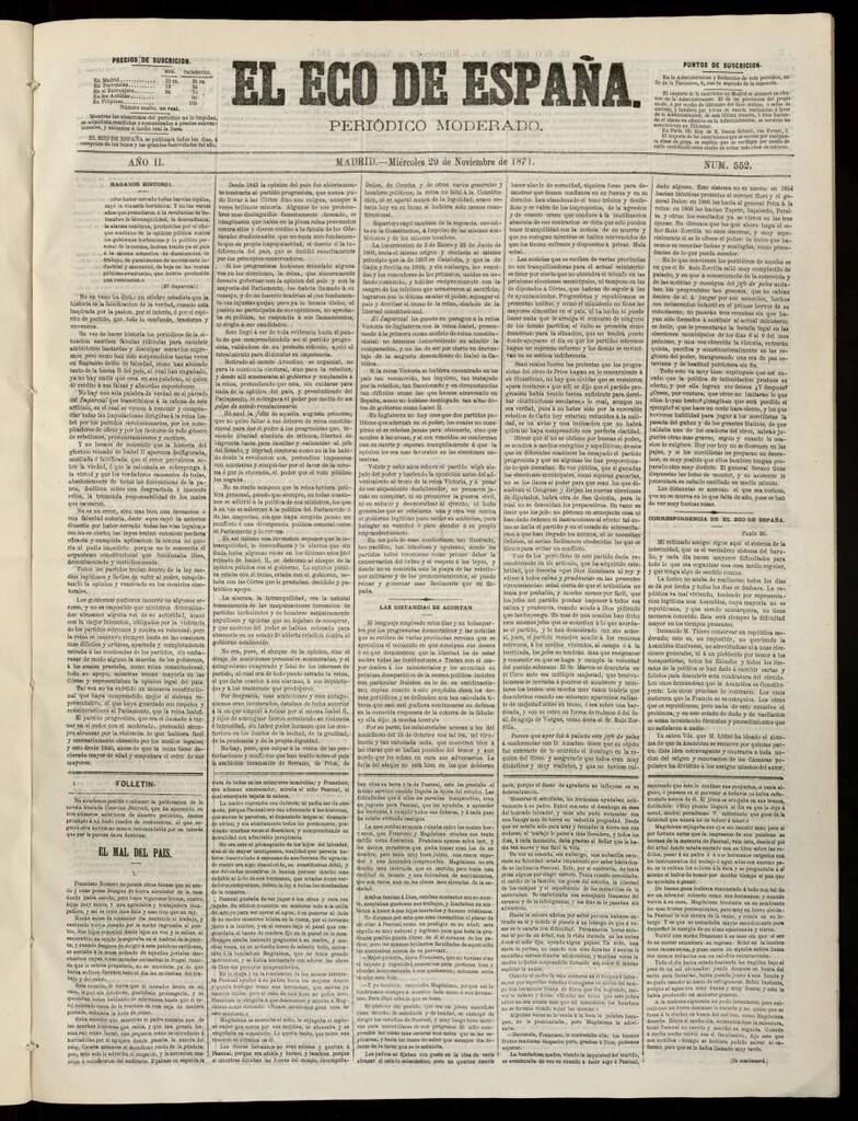 Miniatura de El Eco de España del 29 de noviembre de 1871