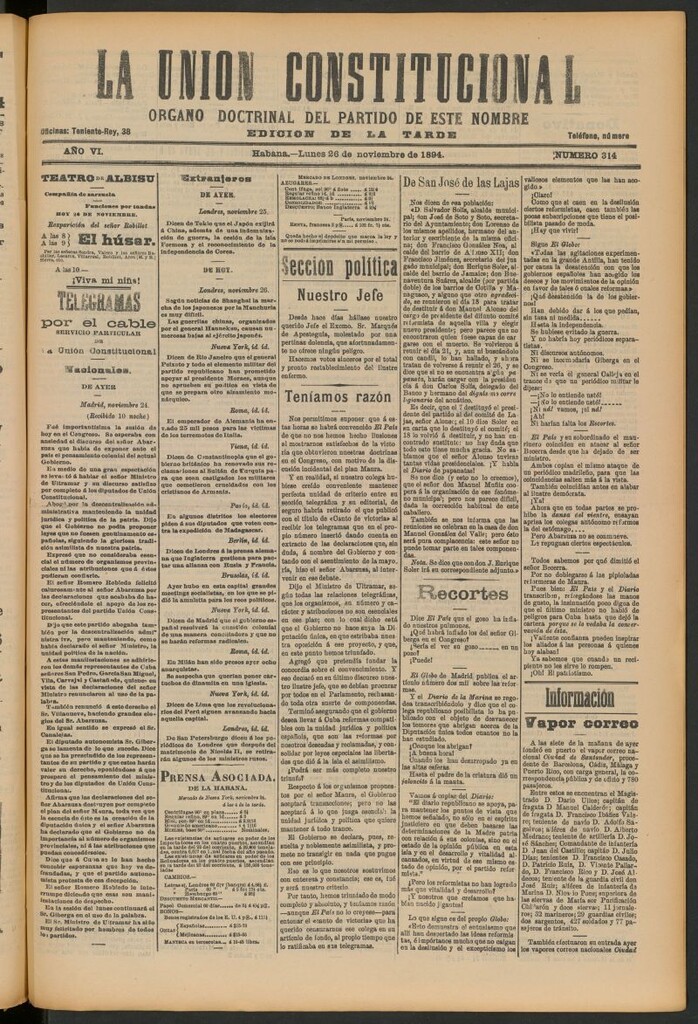 Miniatura de La Unión Constitucional: Órgano oficial del partido de este nombre del 26 de noviembre de 1894
