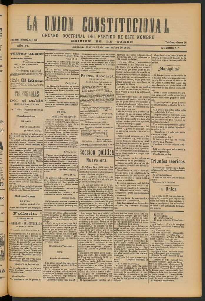 Miniatura de La Unión Constitucional: Órgano oficial del partido de este nombre del 27 de noviembre de 1894