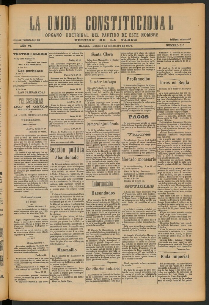 Miniatura de La Unión Constitucional: Órgano oficial del partido de este nombre del 3 de diciembre de 1894