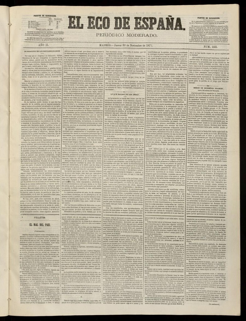Miniatura de El Eco de España del 30 de noviembre de 1871