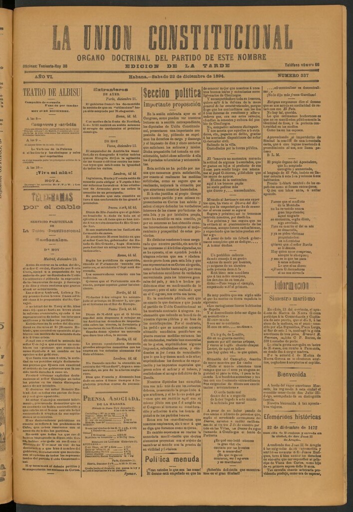 Miniatura de La Unión Constitucional: Órgano oficial del partido de este nombre del 22 de diciembre de 1894