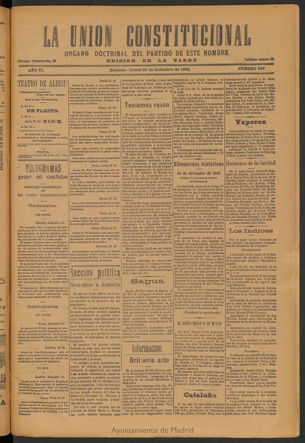 Miniatura de La Unión Constitucional: Órgano oficial del partido de este nombre del 24 de diciembre de 1894