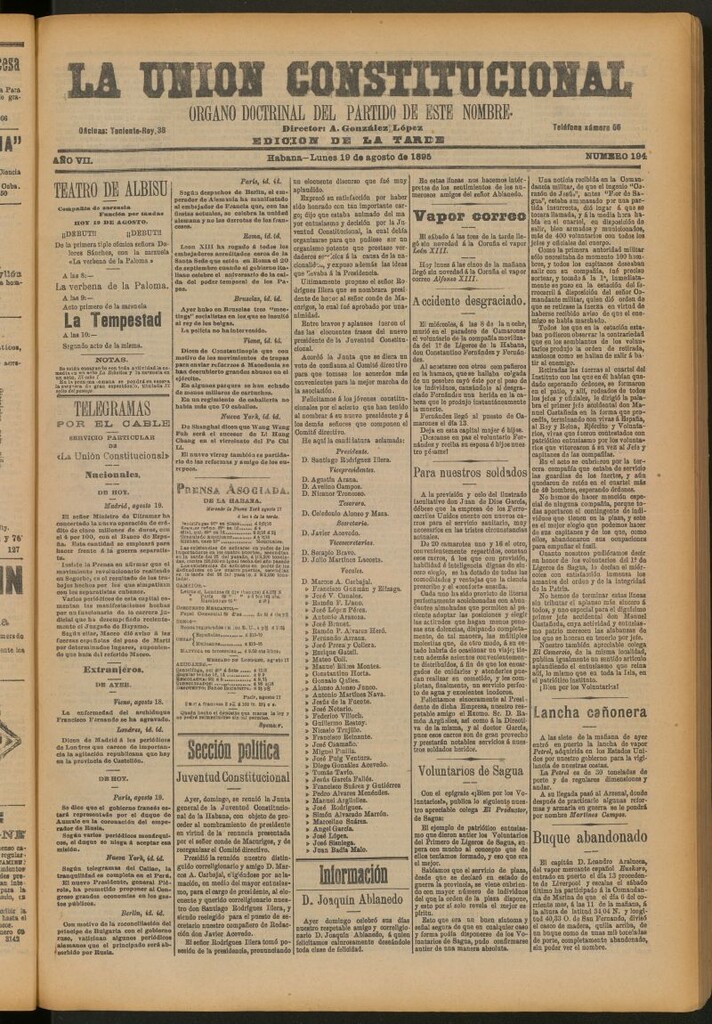 Miniatura de La Unión Constitucional: Órgano oficial del partido de este nombre del 19 de agosto de 1895