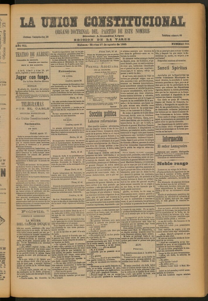 Miniatura de La Unión Constitucional: Órgano oficial del partido de este nombre del 27 de agosto de 1895