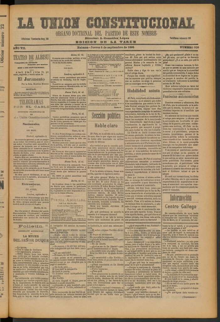 Miniatura de La Unión Constitucional: Órgano oficial del partido de este nombre del 5 de septiembre de 1895