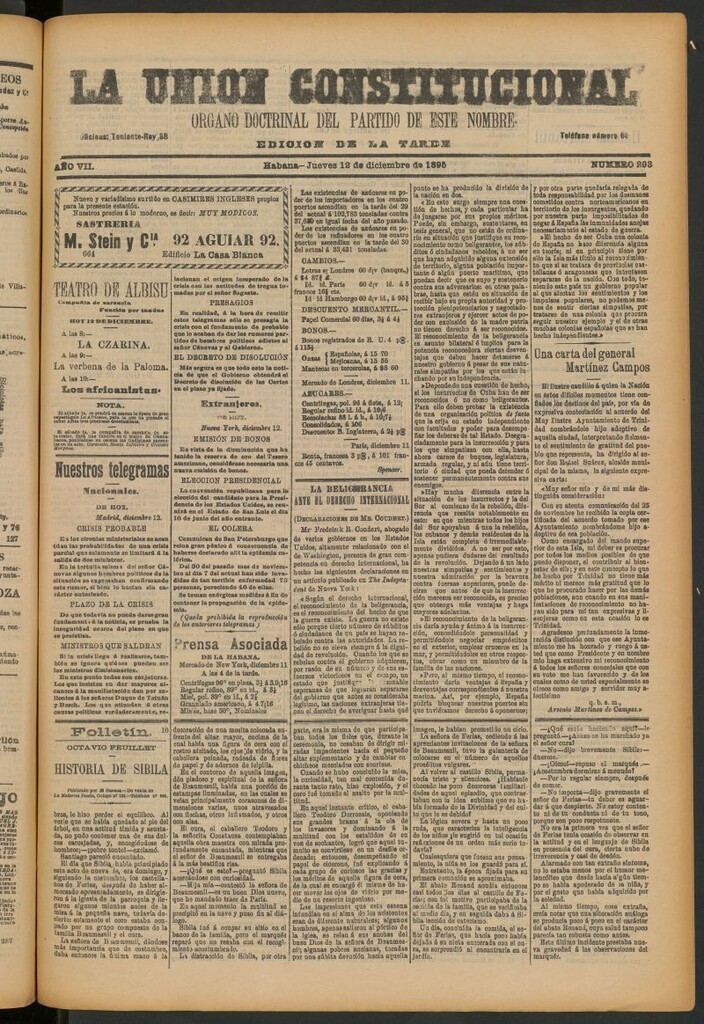 Miniatura de La Unión Constitucional: Órgano oficial del partido de este nombre del 12 de diciembre de 1895