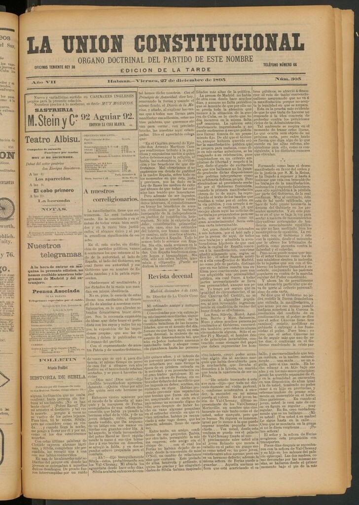 Miniatura de La Unión Constitucional: Órgano oficial del partido de este nombre del 27 de diciembre de 1895