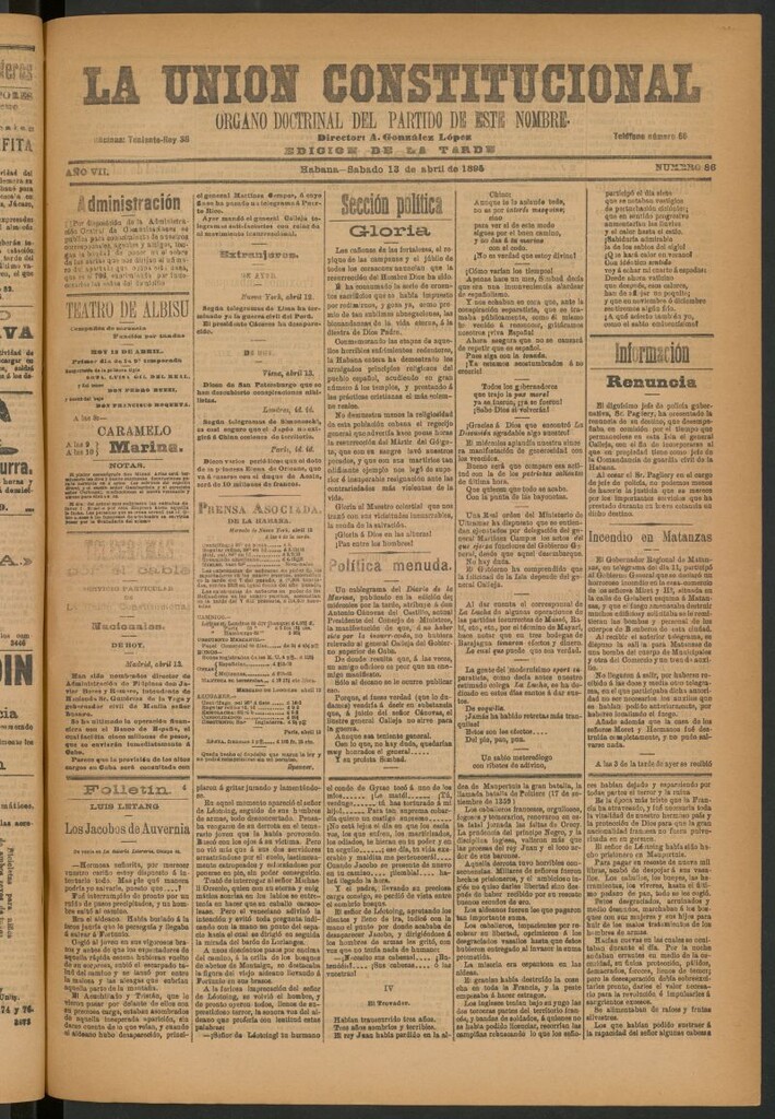 Miniatura de La Unión Constitucional: Órgano oficial del partido de este nombre del 13 de abril de 1895