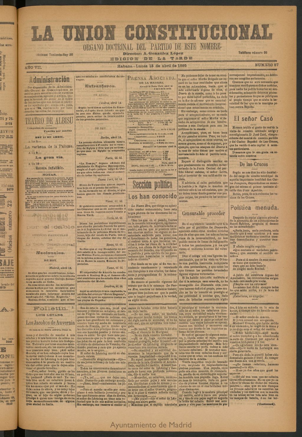 Miniatura de La Unión Constitucional: Órgano oficial del partido de este nombre del 15 de abril de 1895