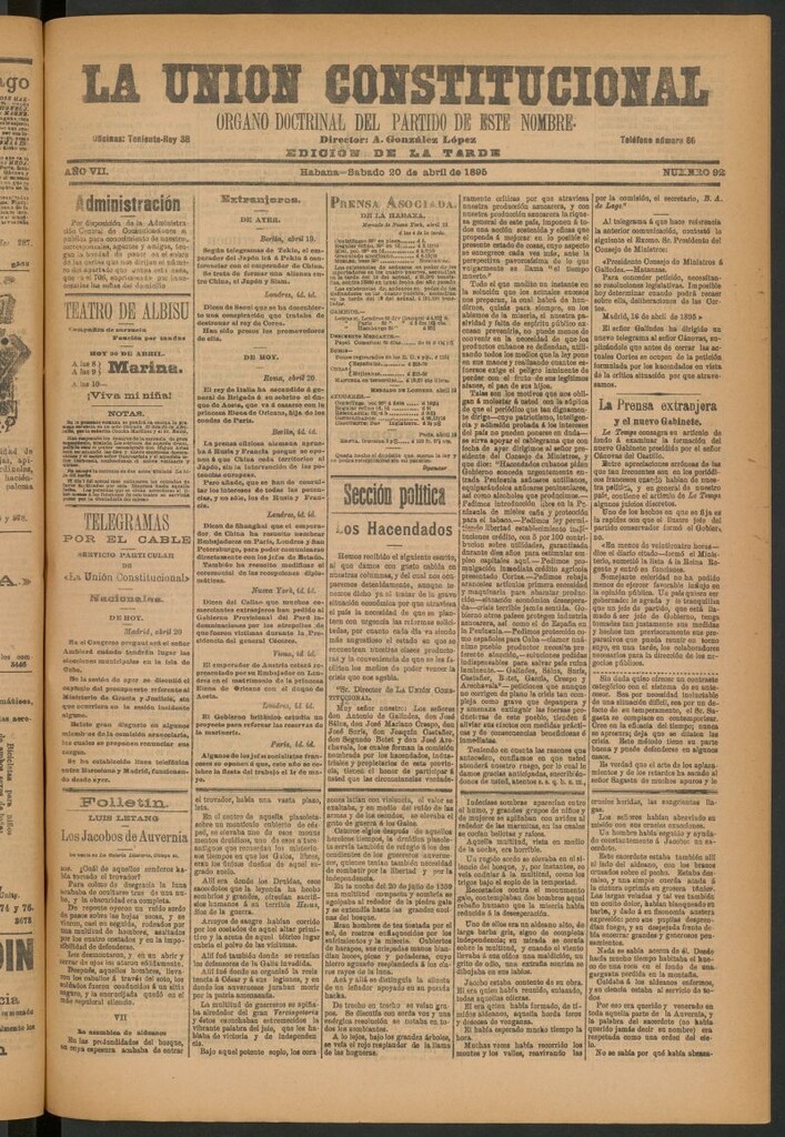 Miniatura de La Unión Constitucional: Órgano oficial del partido de este nombre del 20 de abril de 1895