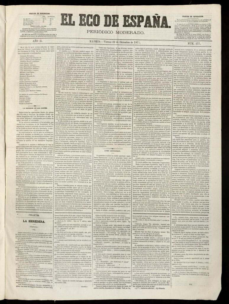 Miniatura de El Eco de España del 29 de diciembre de 1871
