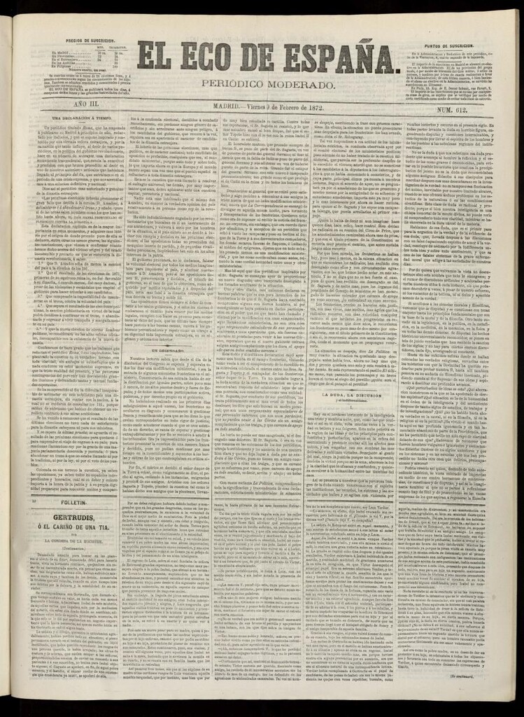 Miniatura de El Eco de España del 9 de febrero de 1872