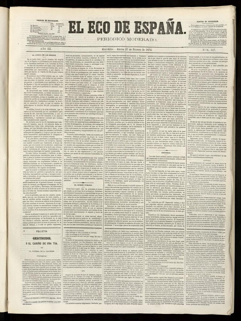 Miniatura de El Eco de España del 27 de febrero de 1872