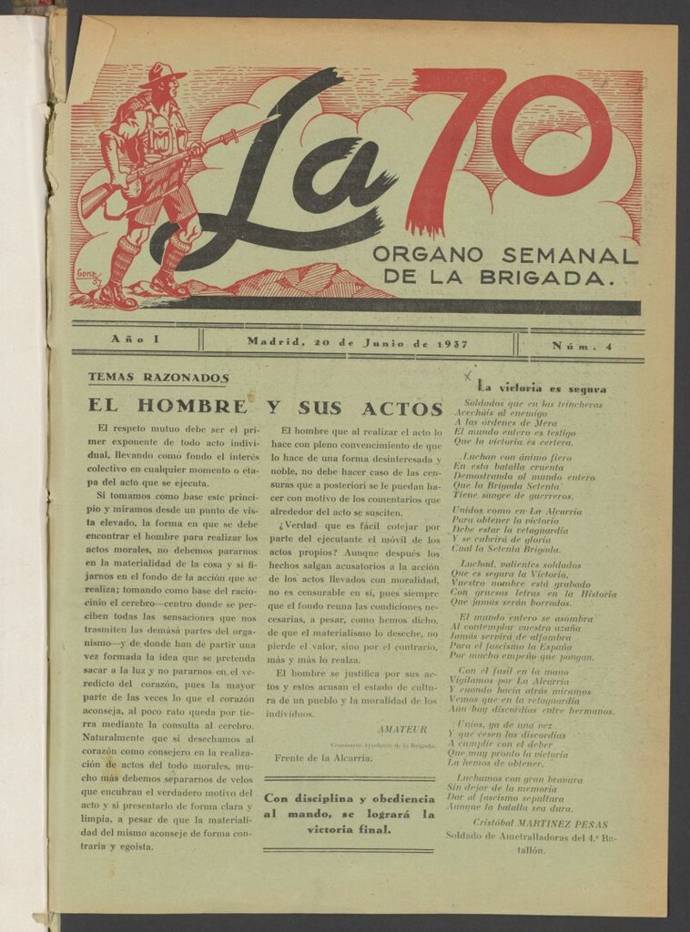 Miniatura de La 70 : órgano semanal de la Brigada del 20 de junio de 1937