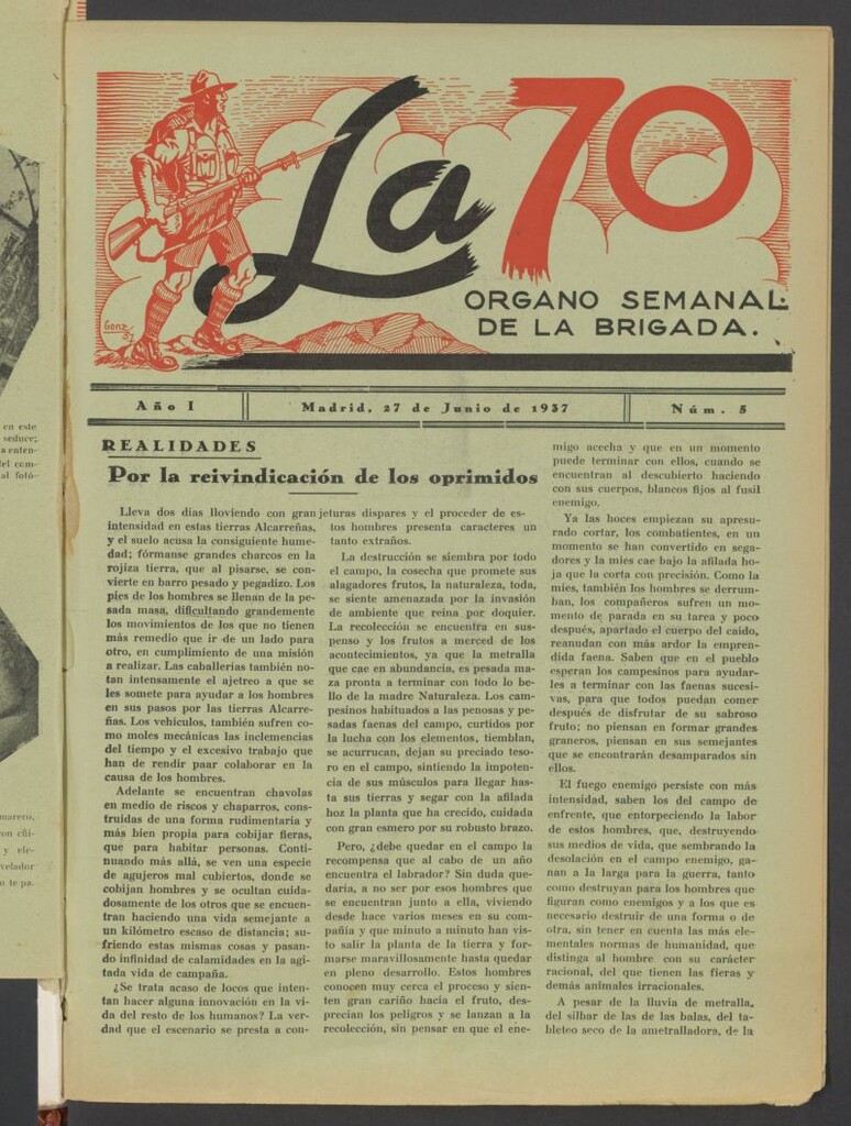 Miniatura de La 70 : órgano semanal de la Brigada del 27 de junio de 1937