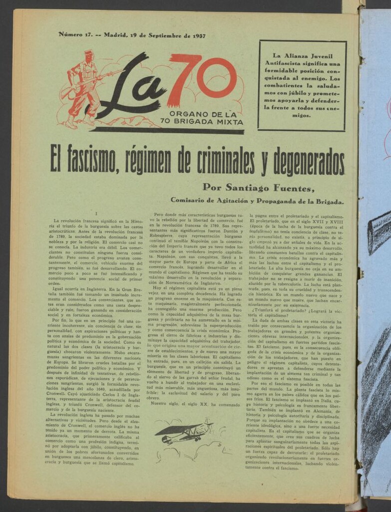 Miniatura de La 70 : órgano semanal de la Brigada del 19 de septiembre de 1937