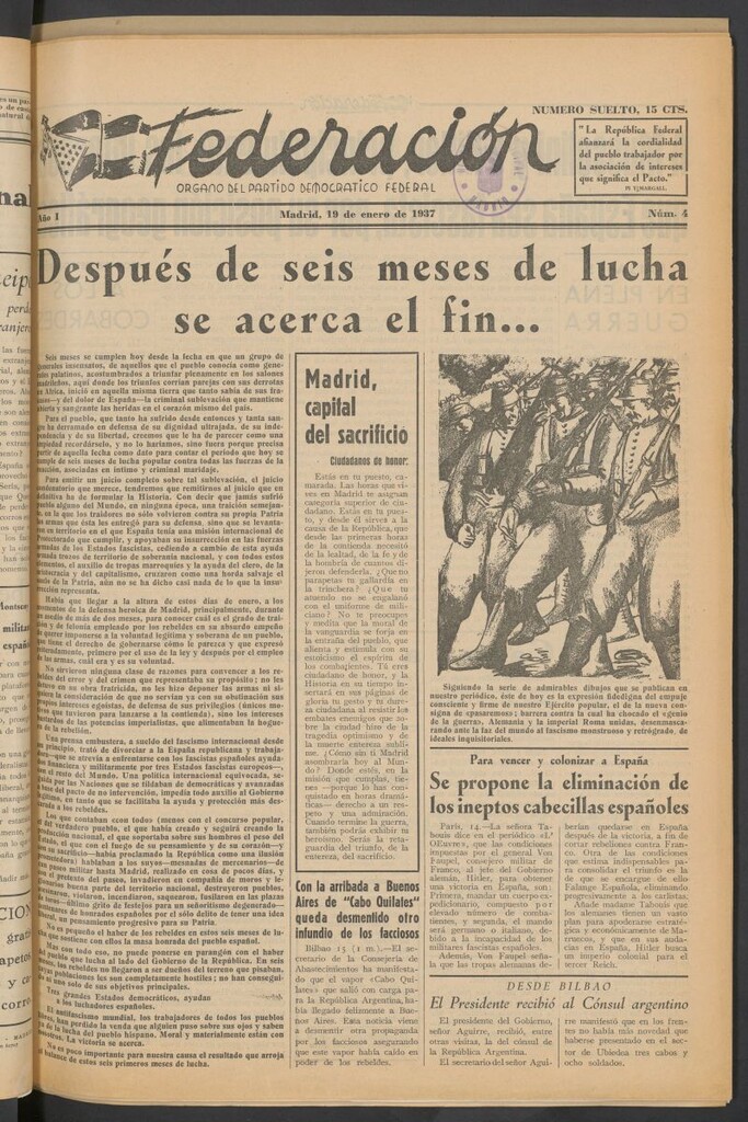 Miniatura de Federación : Órgano del Partido Democrático Federal del 19 de enero de 1937