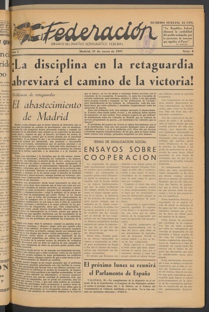 Miniatura de Federación : Órgano del Partido Democrático Federal del 31 de enero de 1937