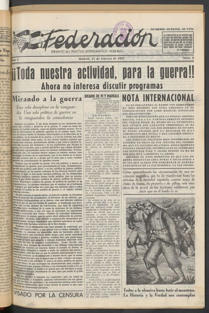 Miniatura de Federación : Órgano del Partido Democrático Federal del 14 de febrero de 1937