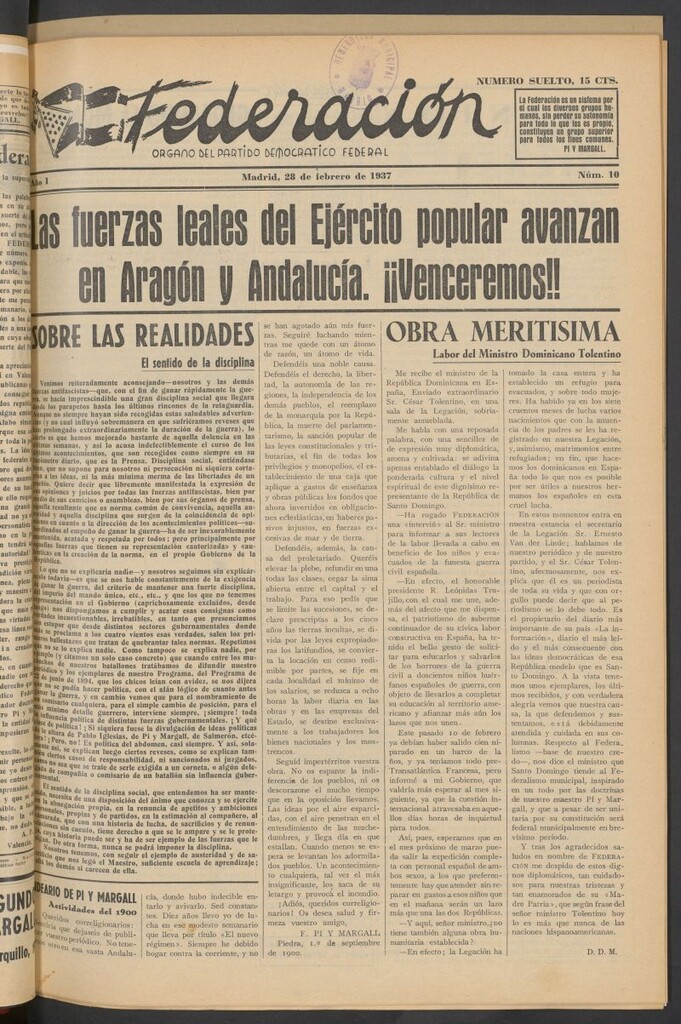 Miniatura de Federación : Órgano del Partido Democrático Federal del 28 de febrero de 1937