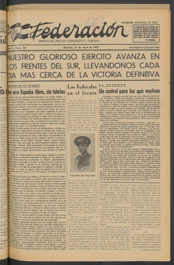 Miniatura de Federación : Órgano del Partido Democrático Federal del 11 de abril de 1937