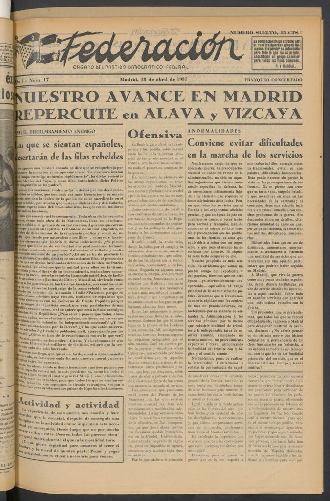 Miniatura de Federación : Órgano del Partido Democrático Federal del 18 de abril de 1937