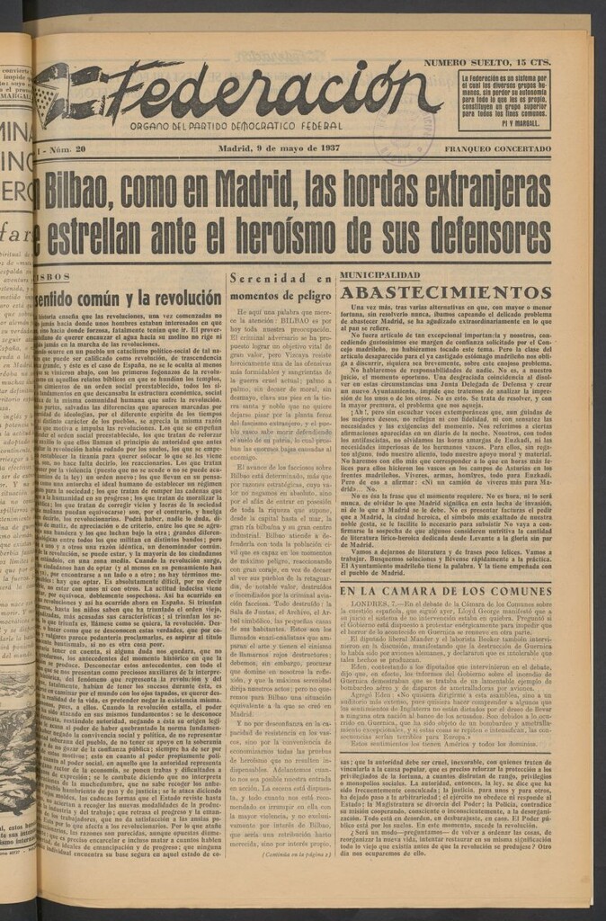 Miniatura de Federación : Órgano del Partido Democrático Federal del 9 de mayo de 1937