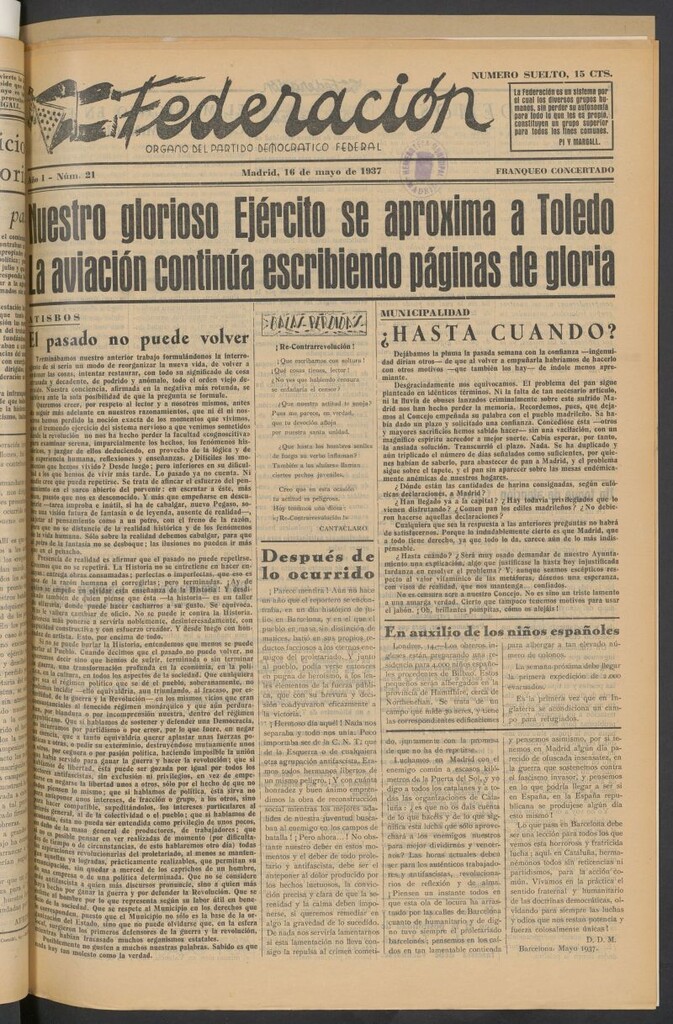 Miniatura de Federación : Órgano del Partido Democrático Federal del 16 de mayo de 1937